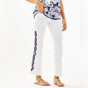Lilly Pulitzer South Ocean crop flare leg embroidered white resort wear jeans 14